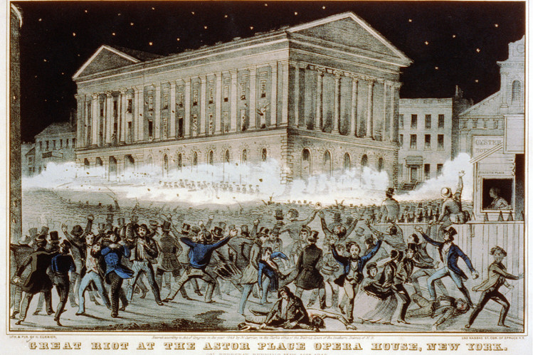 The Riot at Astor Place Opera House, 1849, discussed as part of the History of Theater, at Riot Material Magazine.