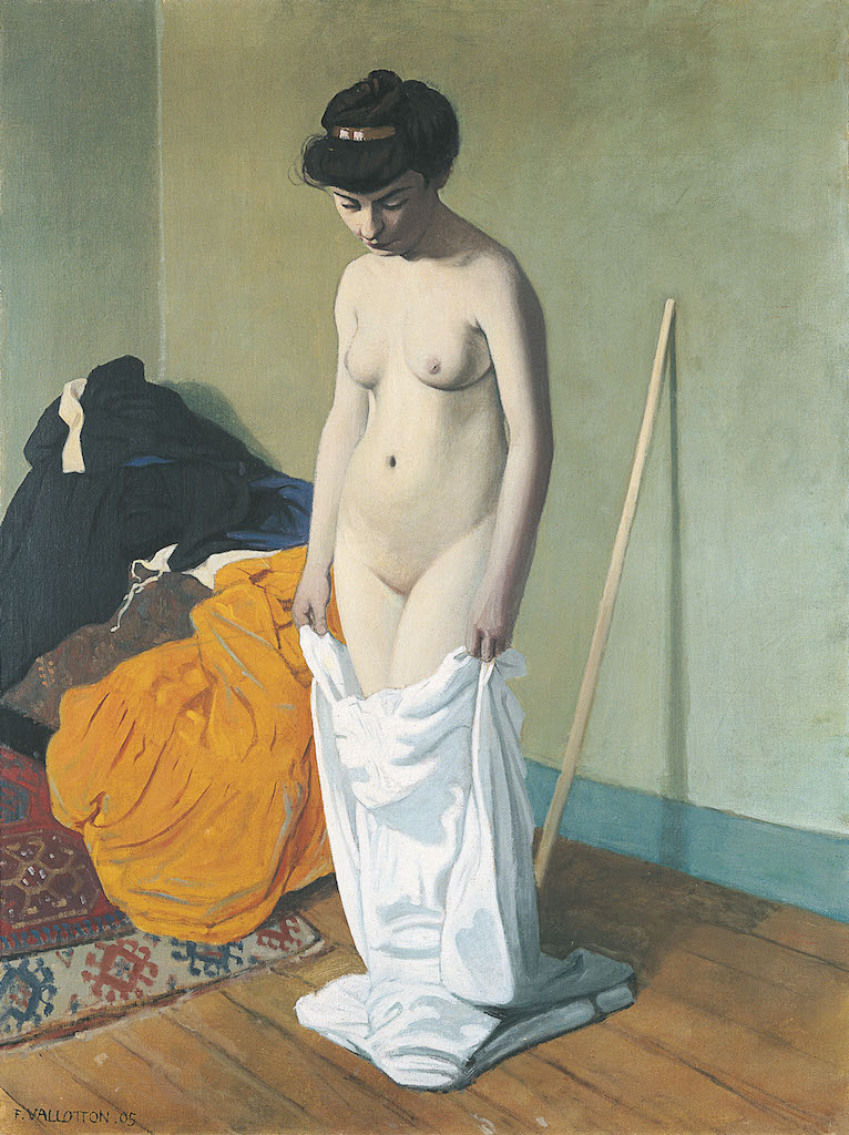 Félix Vallotton, Nude Holding Her Gown, 1904. The Met's "Painter of Disquiet is reviewed at Riot Material magazine.